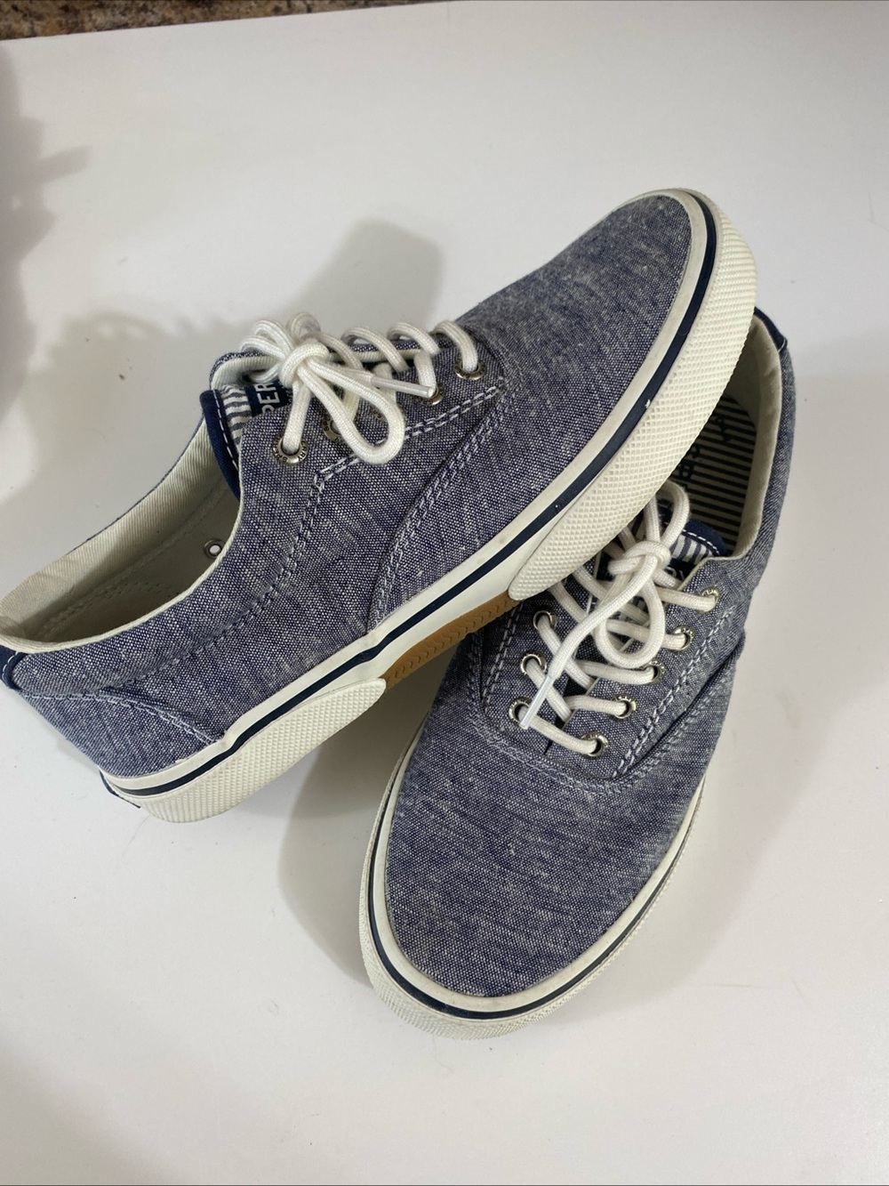 Sperry Casual Denim-Style Men's Sneakers - chambray blue with pinstripes
